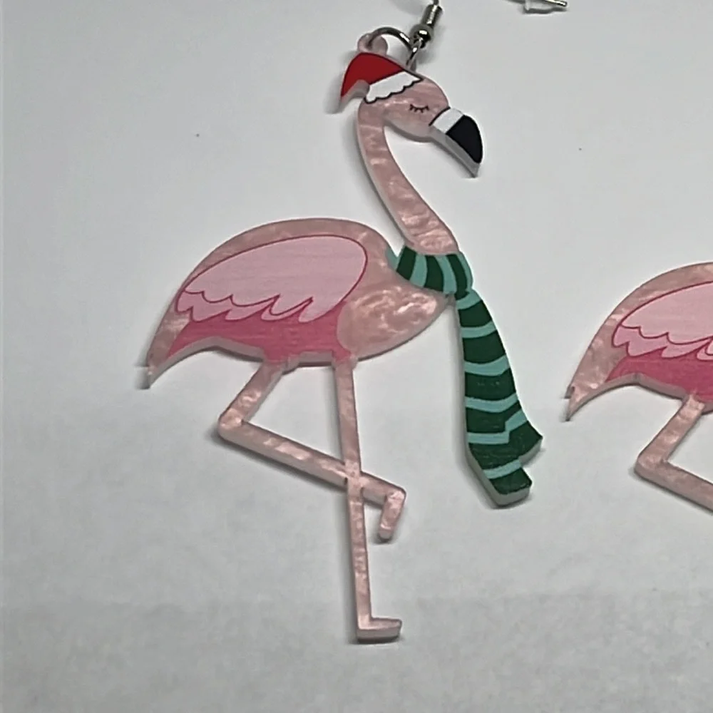 Earrings‎ Pink Flamingos Christmas Xmas Holiday